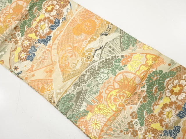 JAPANESE KIMONO / ANTIQUE MARU OBI / WOVEN DRUM & FLOWER WITH FAN